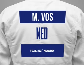 Judo GI with a backnumber showing the name Mathijs Vos from Team 53 ° Noord
