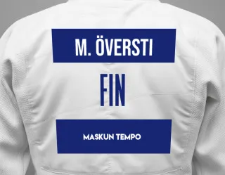 Judo GI with a backnumber showing the name Matias översti from Maskun Tempo