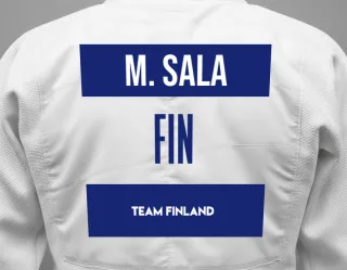 Judo GI with a backnumber showing the name Matias Sala from Team Finland