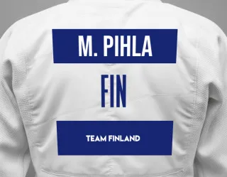 Judo GI with a backnumber showing the name Matikainen Pihla from Team Finland