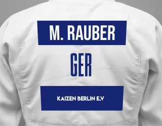 Judo GI with a backnumber showing the name Matilda Rauber from Kaizen Berlin e.V