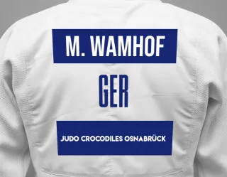 Judo GI with a backnumber showing the name Matilda Wamhof from Judo Crocodiles Osnabrück