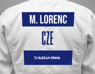 Judo GI with a backnumber showing the name Matěj Lorenc from TJ Slezan Opava