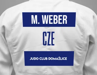 Judo GI with a backnumber showing the name Matous Weber from Judo club Domažlice