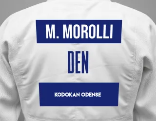 Judo GI with a backnumber showing the name Matteo Morolli from Kodokan Odense