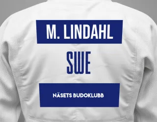 Judo GI with a backnumber showing the name Matteus Lindahl from Näsets Budoklubb