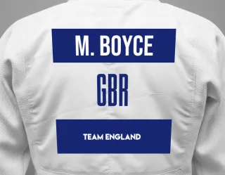 Judo GI with a backnumber showing the name Matthew Boyce from Team England