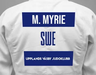 Judo GI with a backnumber showing the name Matthew Myrie from Upplands Väsby Judoklubb