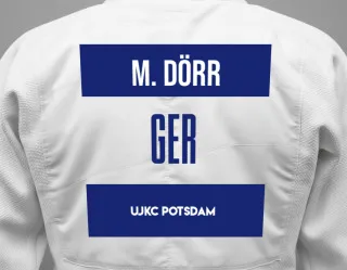 Judo GI with a backnumber showing the name Mattis Dörr from UJKC Potsdam