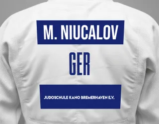 Judo GI with a backnumber showing the name Matvei Niucalov from Judoschule Kano Bremerhaven e.V.