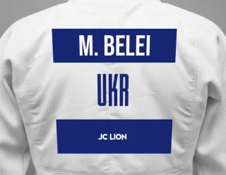 Judo GI with a backnumber showing the name Matvii Belei from JC LION