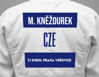 Judo GI with a backnumber showing the name Matyáš Kněžourek from TJ Sokol Praha Vršovice