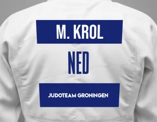 Judo GI with a backnumber showing the name Maurits Krol from Judoteam Groningen