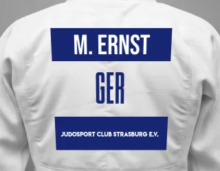 Judo GI with a backnumber showing the name Max Ernst from Judosport Club Strasburg e.V.