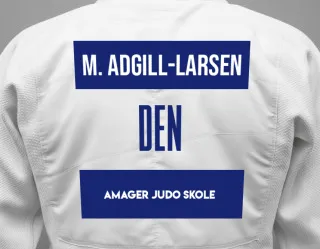 Judo GI with a backnumber showing the name Max Louca Adgill-Larsen from Amager Judo Skole