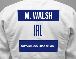 Judo GI with a backnumber showing the name Max Walsh from Portmarnock Judo School