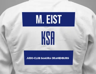 Judo GI with a backnumber showing the name Maxim  Eist from Judo-Club Samura Oranienburg