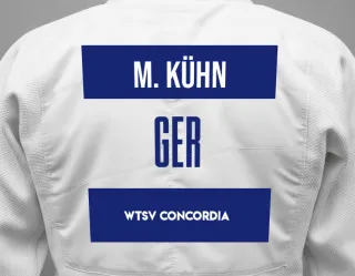 Judo GI with a backnumber showing the name Maxim Kühn from WTSV Concordia