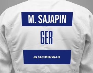 Judo GI with a backnumber showing the name Maxim Sajapin from JG Sachsenwald