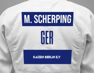 Judo GI with a backnumber showing the name Maxim Scherping from Kaizen Berlin e.V