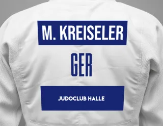 Judo GI with a backnumber showing the name Maximilian Kreiseler from Judoclub Halle