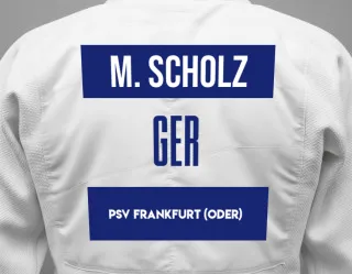 Judo GI with a backnumber showing the name Maximilian Scholz from PSV Frankfurt (Oder)