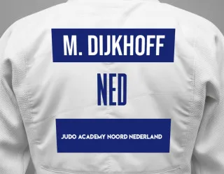 Judo GI with a backnumber showing the name Maximiliano Dijkhoff from Judo Academy Noord Nederland