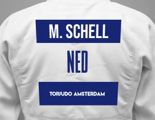 Judo GI with a backnumber showing the name Maximillian Schell from TopJudo Amsterdam