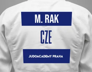 Judo GI with a backnumber showing the name Maxmilian RAK from JUDOACADEMY PRAHA