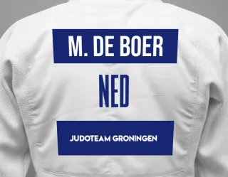 Judo GI with a backnumber showing the name May De Boer from Judoteam Groningen
