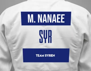 Judo GI with a backnumber showing the name Mazen Nanaee from Team Syrien