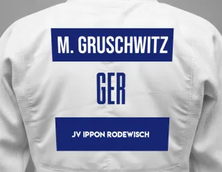 Judo GI with a backnumber showing the name Melina Gruschwitz from JV IPPON Rodewisch
