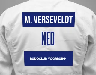 Judo GI with a backnumber showing the name Menno Verseveldt from Budoclub Voorburg