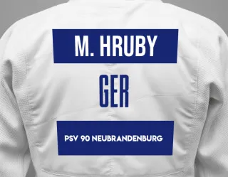 Judo GI with a backnumber showing the name Merle Hruby from PSV 90 Neubrandenburg