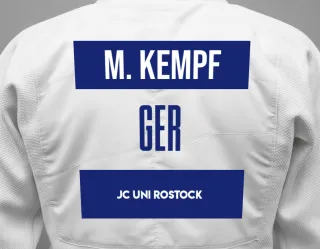 Judo GI with a backnumber showing the name Merle Kempf from JC Uni Rostock