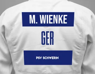 Judo GI with a backnumber showing the name Mia Wienke from PSV Schwerin