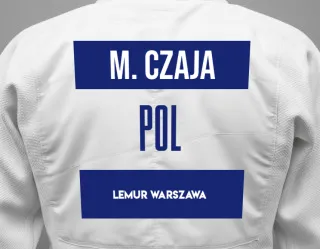 Judo GI with a backnumber showing the name Michał Czaja from Lemur Warszawa