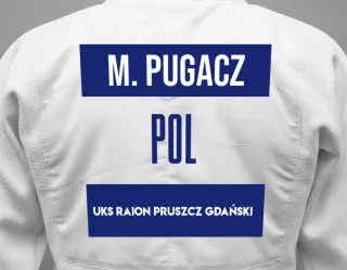 Judo GI with a backnumber showing the name Michał Pugacz from UKS Raion Pruszcz Gdański