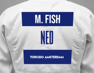 Judo GI with a backnumber showing the name Michael Fish from TopJudo Amsterdam