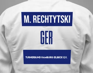Judo GI with a backnumber showing the name Michael Rechtytski from Turnerbund Hamburg Eilbeck e.V.