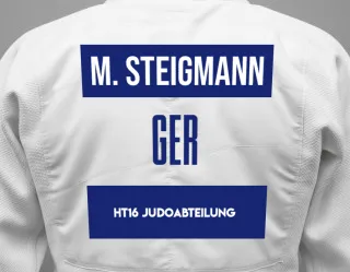 Judo GI with a backnumber showing the name Michael Steigmann from HT16 Judoabteilung