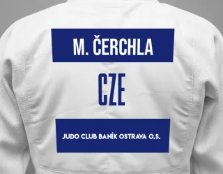 Judo GI with a backnumber showing the name Michal Čerchla from Judo Club Baník Ostrava o.s.