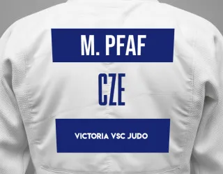 Judo GI with a backnumber showing the name Michal Pfaf from Victoria VSC judo