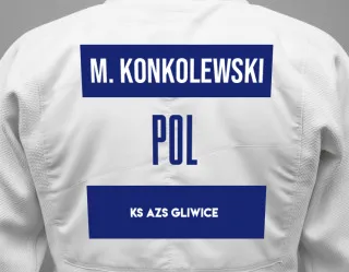 Judo GI with a backnumber showing the name Mieszko Konkolewski from KS AZS Gliwice