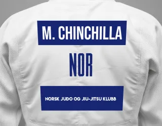 Judo GI with a backnumber showing the name Miguel Gjesti Chinchilla from Norsk Judo og jiu-jitsu Klubb