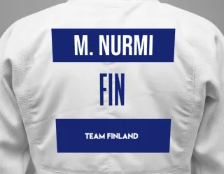 Judo GI with a backnumber showing the name Mika Nurmi from Team Finland