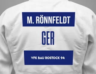 Judo GI with a backnumber showing the name Mika Rönnfeldt from VfK Bau Rostock 94