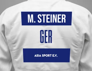 Judo GI with a backnumber showing the name Mika Steiner from ASIA SPORT e.V.