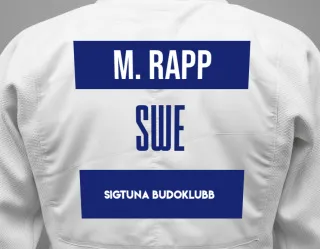 Judo GI with a backnumber showing the name Mikael Rapp from Sigtuna Budoklubb