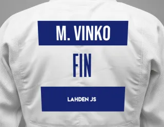 Judo GI with a backnumber showing the name Mikael Vinko from Lahden JS